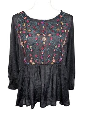 NWT Umgee Boho Black 3/4 Sleeve Top Colorful Floral Embroidery Women Size Small